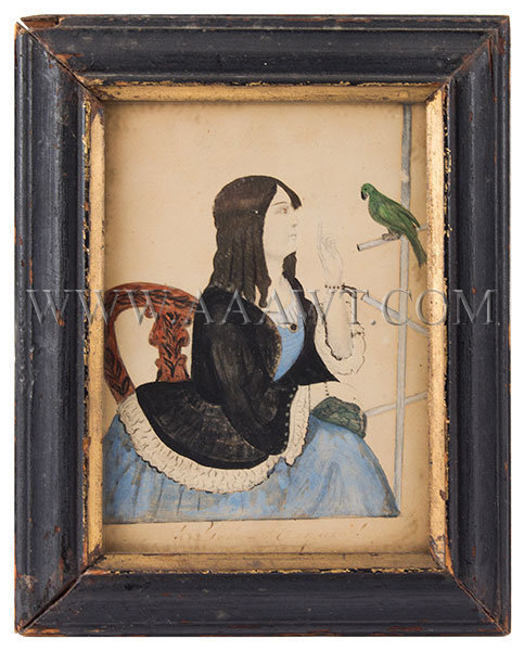 Folk Portrait, Watercolor, Girl with Parrot, Seated in Decorated Chair
Anonymous
19th Century, entire view